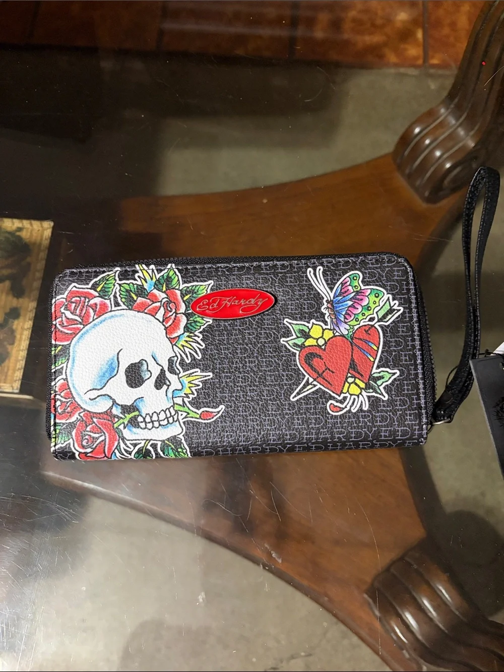 Ed Hardy Black Skull & Rose Zip Wristlet with Heart Tattoo Motif